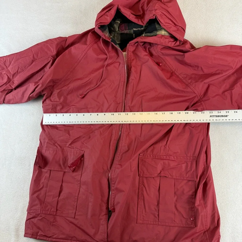 90s Misty Harbor Original Mens Red Hooded Rain Jacket Plaid Flannel Lined Large